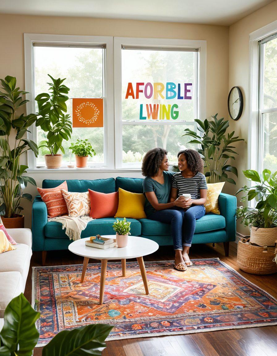 A warm and inviting living space showcasing cozy, budget-friendly decor, with a young family happily interacting, surrounded by plants and colorful artwork. Include a visible 'Affordable Living' sign on the wall and a window displaying a sunny outdoor scene. Emphasize a sense of community and support with subtle hints of Section 8 housing elements. vibrant colors. super-realistic.