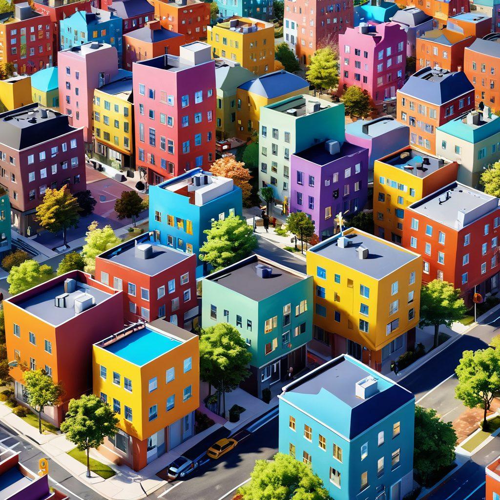 A vibrant cityscape depicting diverse individuals happily exploring their surroundings, showcasing affordable housing options like cozy apartments and friendly community spots. Include symbols of support programs, like helping hands and guidance signs. Use bright colors to evoke joy and hope, emphasizing a pathway that leads towards a sunny horizon. super-realistic. vibrant colors. 3D.