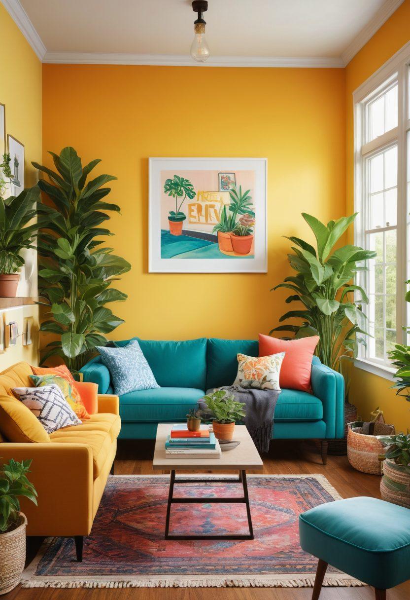 A cozy living room with bright colors, featuring a cheerful family happily decorating their space with plants and artwork. Include details like a ‘For Rent’ sign outside a window, symbolizing subsidized rentals, and a warm light illuminating the room. Add elements of comfort, like soft cushions and a welcoming atmosphere. vibrant colors. super-realistic. warm lighting.